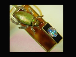 Mysterious  Goth Guardian Beetle Scarab Luminescent stone   big jeweled necklace - £179.85 GBP