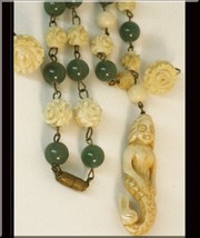 VIntage Carved MERMAID Jade Oriental exotic Necklace and Earrings - £179.43 GBP