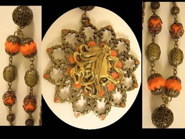 Exotic Medussa GOddess coral enamel Mucha woman necklace - £67.94 GBP