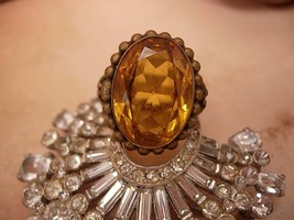 Antique Czech Huge  Topaz Glass Filigree Ring Old - £75.92 GBP
