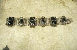 Vintage Nouveau sterling Bracelet Gorgeous metal work hinged signed black onyx E - £200.59 GBP