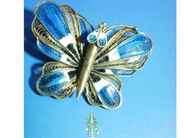 Vintage PLIQUE-A-JOUR gilt Sterling Deco Butterfly and little baby BROOCH - £28.04 GBP