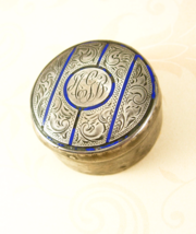 Antique Sterling Chatelaine pill box Compact Cobalt enamel Hallmarked Webster - £164.18 GBP