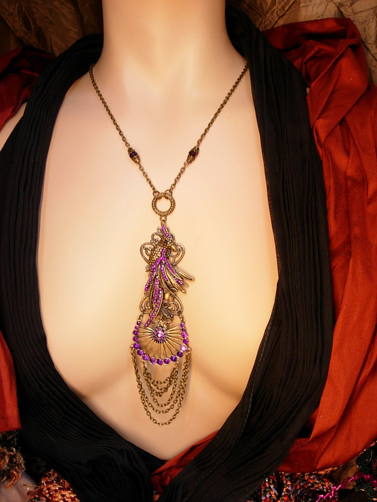 Primary image for Dramatic PURPLE rhinestone Peacock chandelier necklace LONG swags