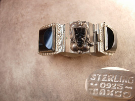 Vintage STERLING Mexico Bracelet SIGNED Black Onyx carved figural heads - £121.63 GBP