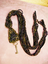 Gothic Spider necklace woven textiles in peacock colors and skeleton key - £66.88 GBP