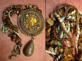 Huge Hippy Necklace textile &amp; stone foiled glass earthy  amber real stone pendan - £106.66 GBP