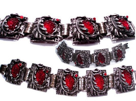 Vintage bracelet Art Nouveau bracelet  RED Czech molded glass Costume jewelry  L - £115.76 GBP