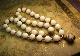 Vintage Milk Glass Necklace pink lampwork drop bridal necklace - £68.11 GBP