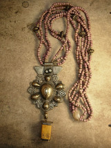 ANtique Tribal Necklace Kuchi Talisman pendant with bone drop - $155.00