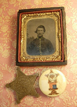 Antique Civil War Tintype and Gar medal plus celluloid pinback - $290.00