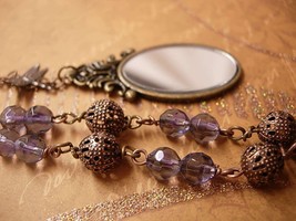 Victorian Mirror garden charm NEcklace dragonfly and purple faceted glass - £106.19 GBP