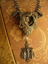 Religious Saint Necklace Vintage rhinestone dress clip antique religious medal g - £165.91 GBP