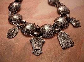 Vintage  Sacred French Medals Sterling Bracelet  Signed - £219.82 GBP