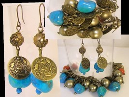 Chunky Real Turquoise Gypsy Bohemian Charm bracelet and earrings - £39.86 GBP
