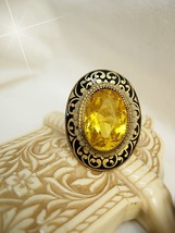 Vintage Edwardian Enamel Ring Huge golden citrine fancy black metal work - £115.64 GBP