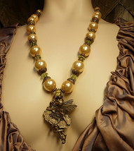 Mystical Nymph Necklace - huge baroque pearls - winged fairy glittery pendant -  - £131.65 GBP