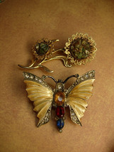 Vintage brooches enamel rhinestone butterfly jade flower brooch - £15.98 GBP