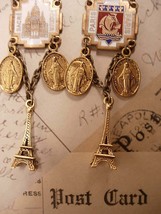 Romantic Paris Enamel Drop earrings with Eiffel Tower and sacred heart medals - £115.90 GBP