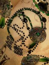 Vintage Flapper lariat and czech filigree necklace set Jet beads 2 necklaces - £137.48 GBP