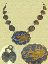 Vintage  Turquoise enamel Chinese snake pagoda Vintage ornate  necklace - £116.26 GBP