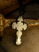 ANtique BLack Rosary crucifix Mother of pearl and gothic  black ribbon - £145.52 GBP
