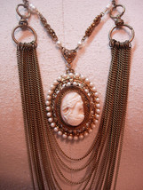 Vintage Angel Skin Coral Cameo Necklace genuine pearls Huge statement piece - £233.09 GBP
