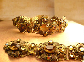 Antique Czech Bracelet golden topaz glass fancy filigree 7 1/2 long Extra long - £121.97 GBP