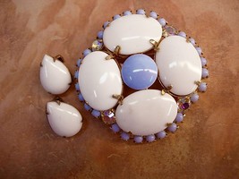 VIntage Milkglass rhinestone brooch and earrings baby blue milk glass - £32.95 GBP