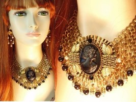 HUGE Victorian Mourning Cameo bookchain necklace brooch and earrings - £603.20 GBP