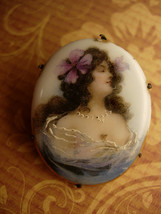 Antique Mucha Brooch Painted porcelain portait Bohemian Goddess with flower in h - £118.87 GBP