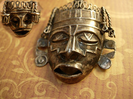 Vintage Shrunken HEad brooch Mask Ring Sterling signed Mask Voodoo set - $230.00