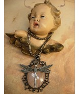 Dragonfly Necklace peruzzi silver watch chain Vintage Art Nouveau  Rose Quartz   - $310.00