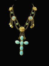 Gothic Lion Turquoise chandelier necklace Huge Cross Medieval tassels - £191.55 GBP