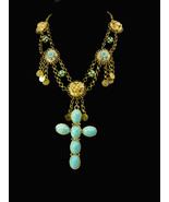 Gothic Lion Turquoise chandelier necklace Huge Cross Medieval tassels - $245.00