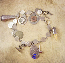 1855 Antique Sterling Fob Necklace LOADED With LARGE charms coins hallmarked Mus - £1,641.86 GBP