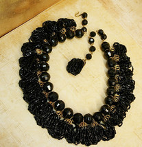 Vintage Victorian Revival Black glass swag necklace thousands of black glass bea - £146.16 GBP