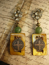 Reserved for AEH Mother of pearl earrings Jade chinese beads Religious medal rhi - £79.13 GBP