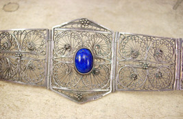 Vintage sterling filigree  Egyptian revival bracelet EXOTIC WIDE Blue lapis - £192.79 GBP