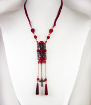 Gothic Necklace BLack Cross Red beaded lariat - £59.94 GBP