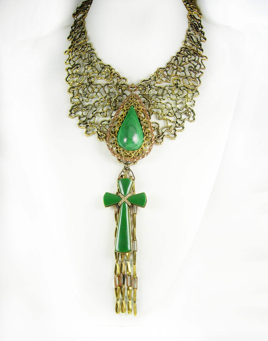 Statement necklace Malachite cross with huge tassels Dramatic - $245.00