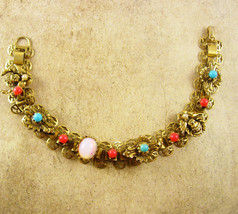 Antique Bookchain Victorian bracelet Cherubs opals pearl coral turquoise - $135.00