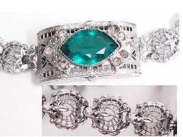 BOOKPIECE Art  Deco Rhodium jeweled  Peacock Filigree Bracelet - £301.21 GBP