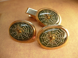 VIntage Spider Web Cufflinks with raised spiders Tie tack  men&#39;s cufflink set - £86.14 GBP