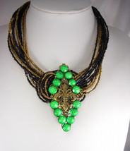 Fleur de lis Necklace Jeweled Green buckle multi strand beadwork - £59.31 GBP