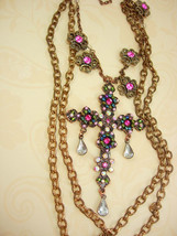 Gothic Medieval Cross statement necklace chandelier rhinestone teardrops and gla - £153.44 GBP