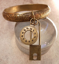 Vintage Charm Bracelet padlock and pocketwatch charms raised relief bangle - £74.72 GBP