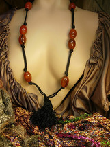 Vintage Italy Necklace HUGe amber with Dramatic Tassel With original tag Flapper - £117.73 GBP