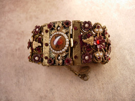 MIchal Negrin bracelet Victorian  SIgned wide brass and floral with pearls - £309.96 GBP
