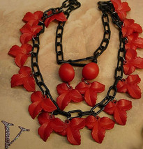 Vintage Red Necklace Celluloid Funeral Flower earrings gothic - £100.22 GBP